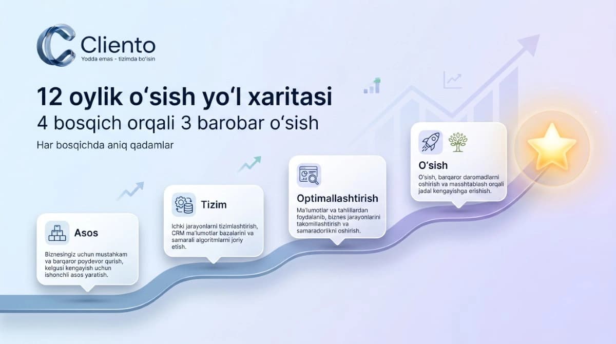 12 oylik biznes o'sish yo'l xaritasi — 4 ta bosqich