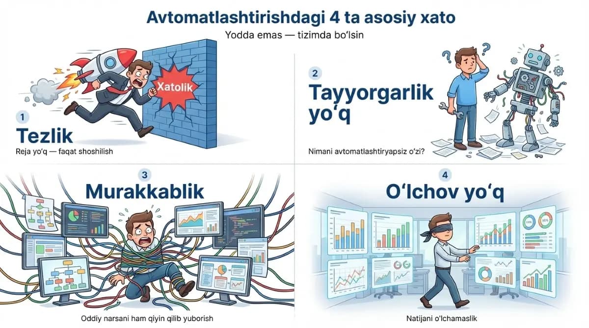 Avtomatlashtirishda yo'l qo'yiladigan 4 ta keng tarqalgan xato va ularning yechimlari