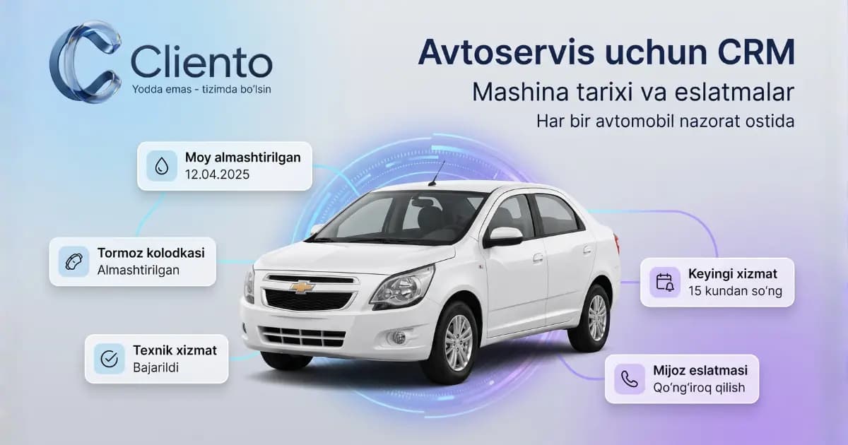 Avtoservis va texnik xizmat uchun CRM: mijoz mashinasi tarixi va eslatmalar