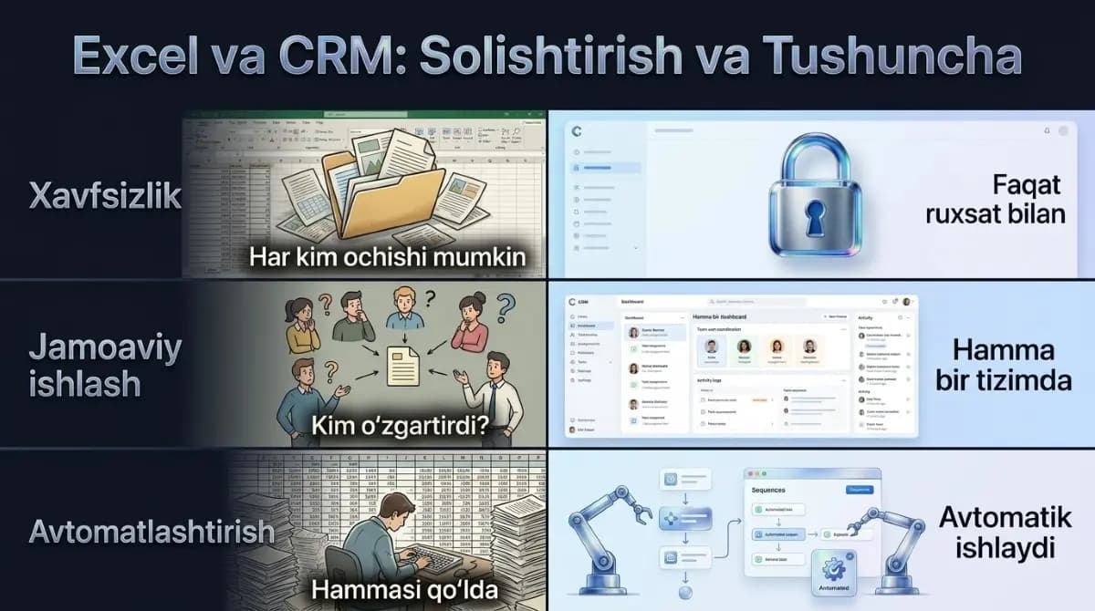 CRM va Excel taqqoslash — asosiy farqlar vizual ko'rinishda