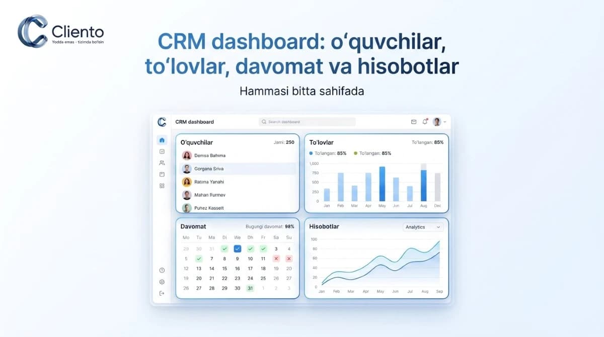 Ta'lim markazi uchun CRM dashboard — o'quvchilar, to'lovlar, davomat