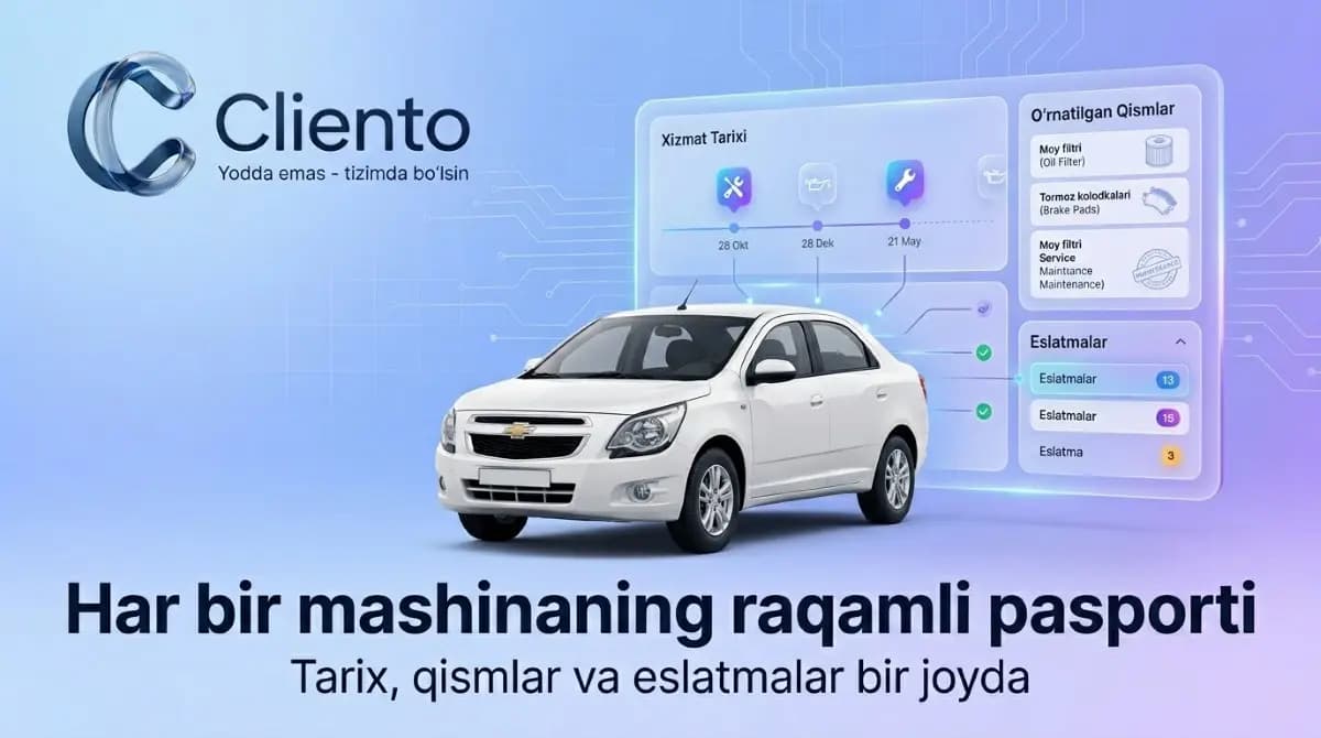 Avtoservis CRM'da mijoz mashinasi tarixi va texnik xizmat eslatmalari ekrani