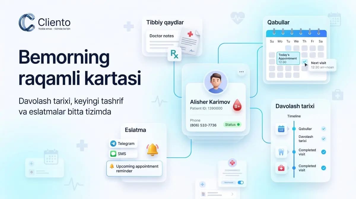 Dental klinika CRM'da bemor davolanish tarixi va qabullar jadvali ekrani