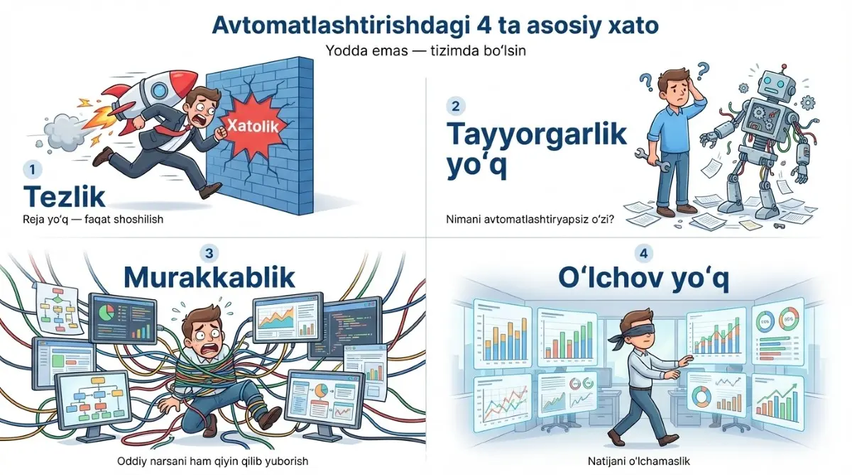 Avtomatlashtirishda yo'l qo'yiladigan 4 ta keng tarqalgan xato va ularning yechimlari