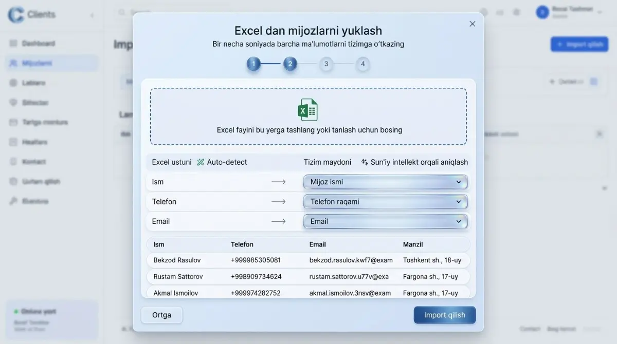 Cliento CRM da Excel faylni import qilish jarayoni