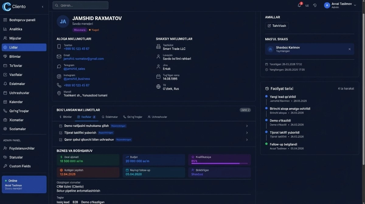 Cliento CRM'da lid karta — barcha ma'lumotlar bir joyda
