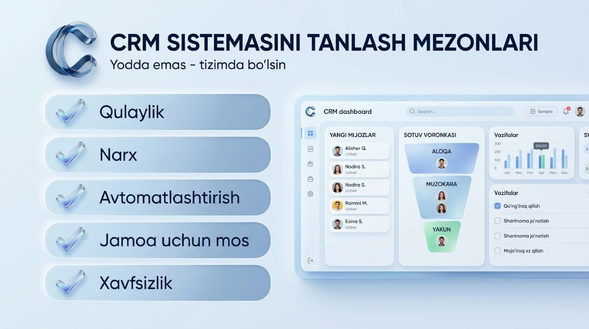 CRM tanlash uchun asosiy mezonlar — vizual qo'llanma