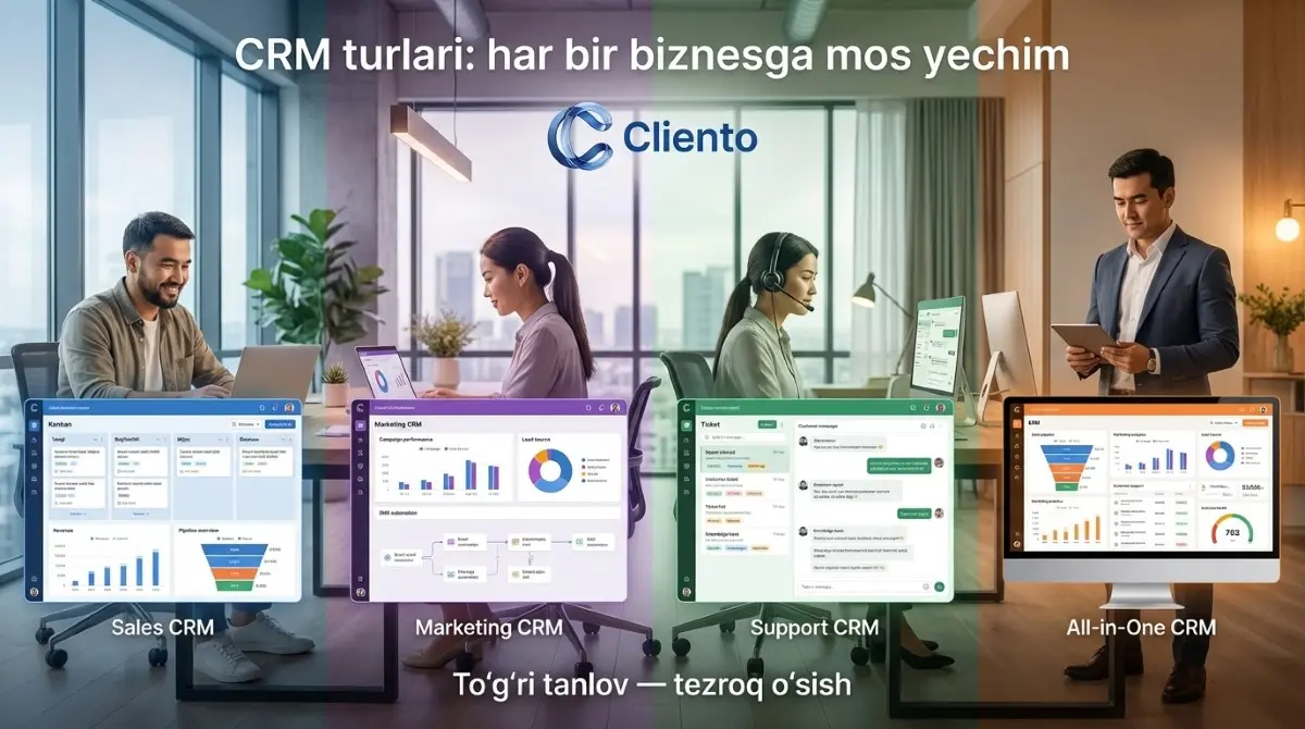 CRM tizimlarining asosiy turlari — operatsion, tahliliy, kollaborativ, bulutli, ixtisoslashgan