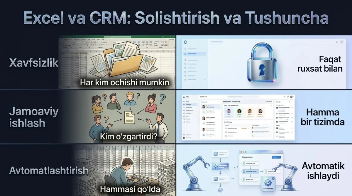 CRM va Excel taqqoslash — asosiy farqlar vizual ko'rinishda